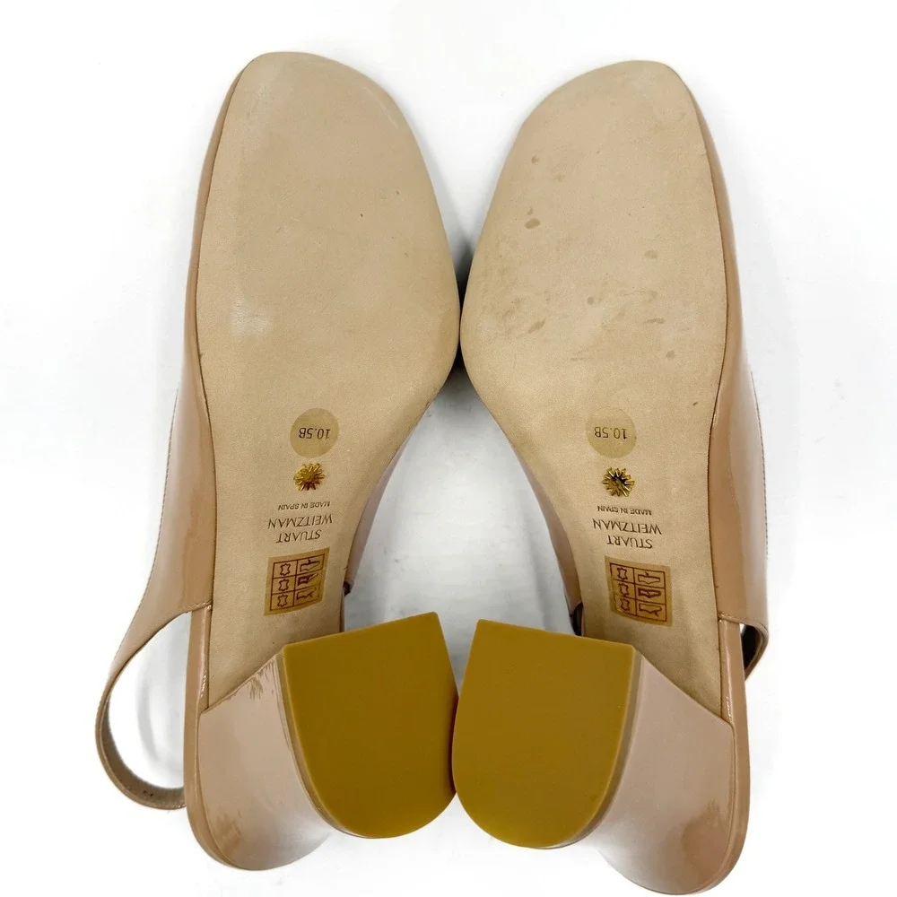Stuart Weitzman Curveblock 85 Slingback Pumps Beige Patent Leather Heels 10.5